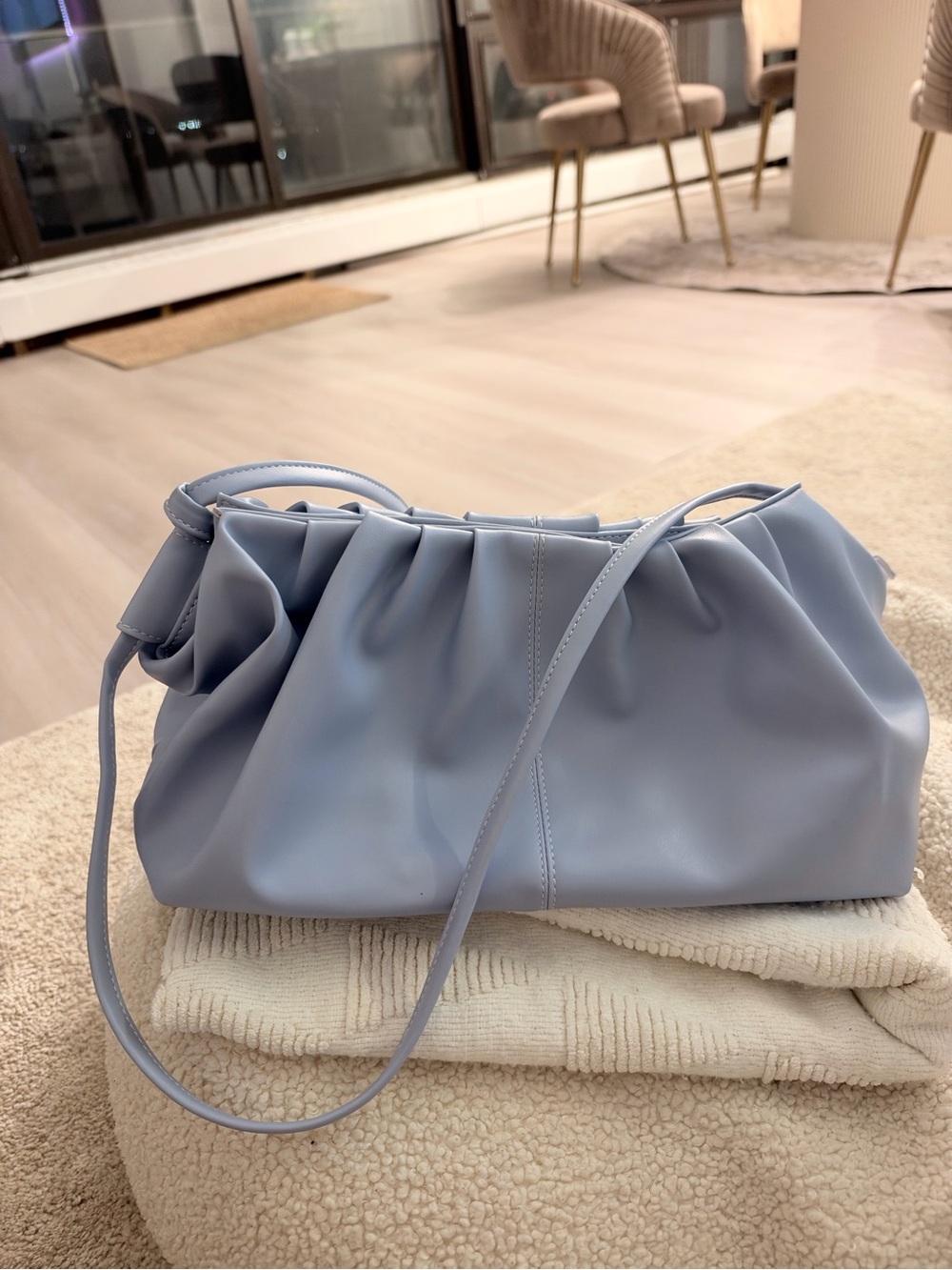 Gathered Shoulder Bag in Light Blue Faux Leather